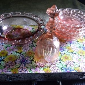 Vintage pink lace trim glassware and pink glass with ecthed strawberries bell.